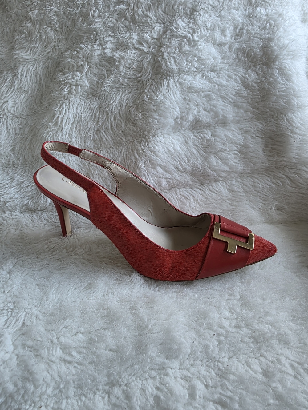 Calvin Klein Coral Pointed Slingback Heels with Gold Buckle